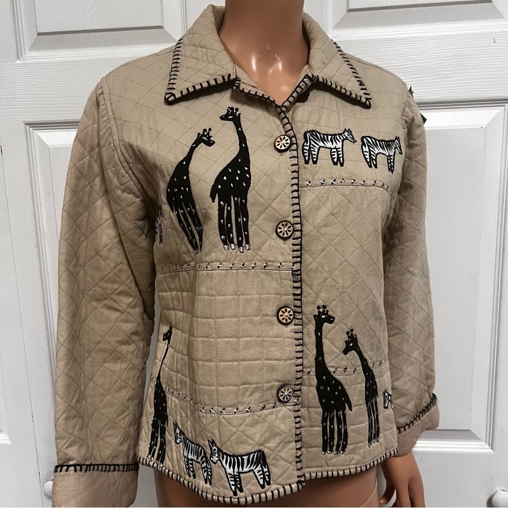 Safari Jacket Tan Cotton Women’s Size L Embroidered Giraffe Zebra